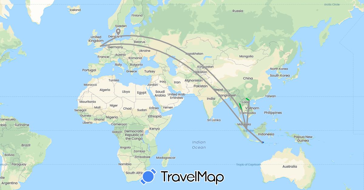 TravelMap itinerary: driving, bus, plane, train, hiking, boat in Denmark, United Kingdom, Indonesia, Singapore, Thailand, Vietnam (Asia, Europe)